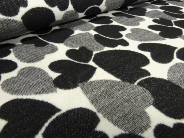 Stoff Jacquard Doubleface Herz Herzen Flausch schwarz grau wollweiß Kleiderstoff Mantelstoff​