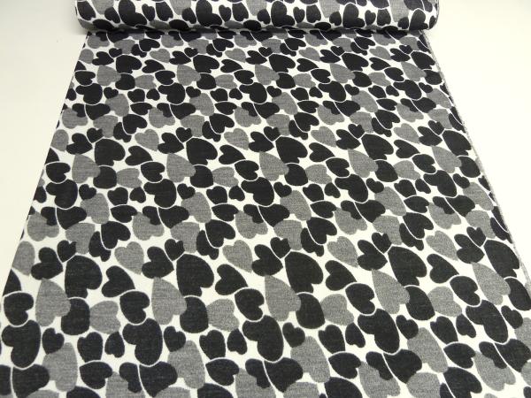Stoff Jacquard Doubleface Herz Herzen Flausch schwarz grau wollweiß Kleiderstoff Mantelstoff​