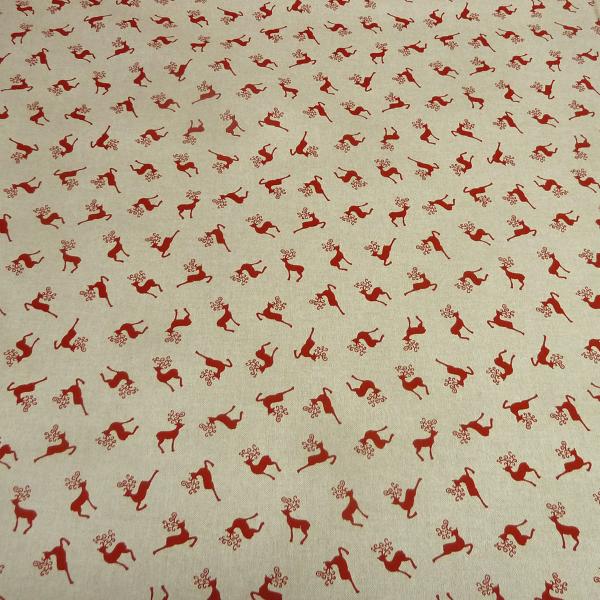 Stoff Baumwolle Dekostoff in Leinen Optik mit Hirsche Design natur beige rot Trachtenstoff Kleiderstoff