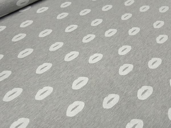 Stoff Sweatshirtstoff French Terry Glitzer Lips Lippen Design hellgrau melange weiß silber Kleiderstoff