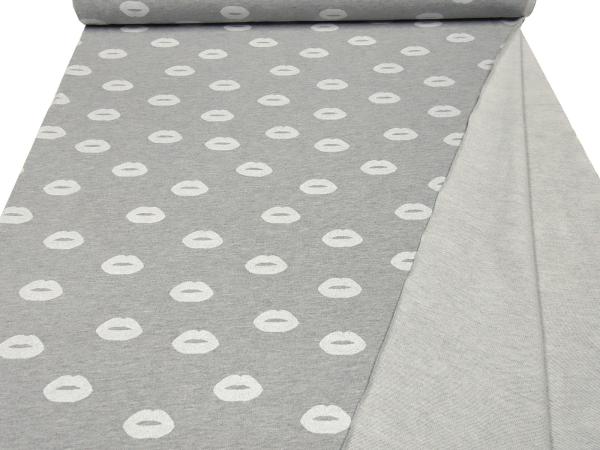 Stoff Sweatshirtstoff French Terry Glitzer Lips Lippen Design hellgrau melange weiß silber Kleiderstoff
