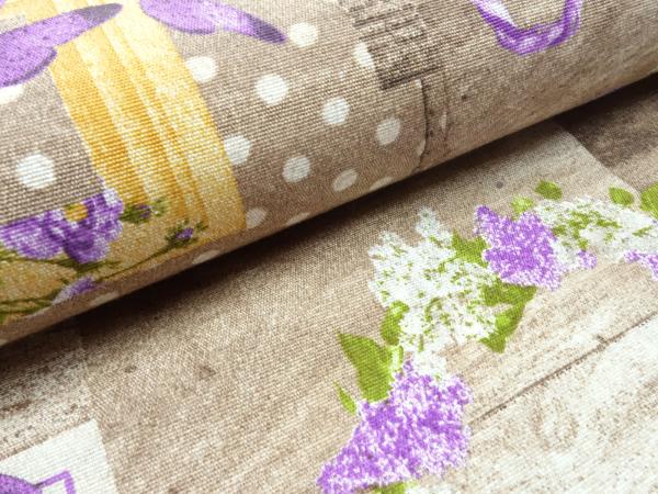 Stoff Dekostoff Taschenstoff Tischdeckenstoff Patchwork Holz Blumen Herzen Design braun beige flieder grün bunt