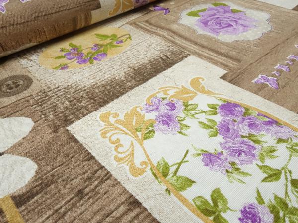 Stoff Dekostoff Taschenstoff Tischdeckenstoff Patchwork Holz Blumen Herzen Design braun beige flieder grün bunt