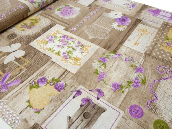 Stoff Dekostoff Taschenstoff Tischdeckenstoff Patchwork Holz Blumen Herzen Design braun beige flieder grün bunt