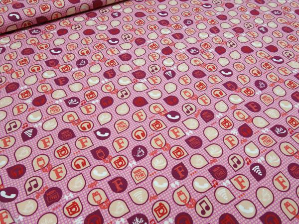 Stoff Baumwolle Jersey Social Media Noten Computer Web Design rosa pink beige rot Kleiderstoff Kinderstoff