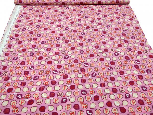 Stoff Baumwolle Jersey Social Media Noten Computer Web Design rosa pink beige rot Kleiderstoff Kinderstoff