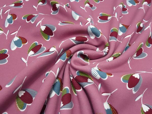 Stoff Alpenfleece Sweatshirtstoff mit retro vintage Blumendesign rosa weiß rot gelb grau petrol Kleiderstoff Hoodiestoff