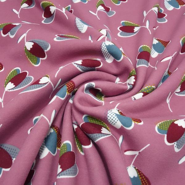Stoff Alpenfleece Sweatshirtstoff mit retro vintage Blumendesign rosa weiß rot gelb grau petrol Kleiderstoff Hoodiestoff