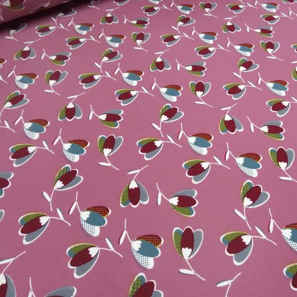 Stoff Alpenfleece Sweatshirtstoff mit retro vintage Blumendesign rosa weiß rot gelb grau petrol Kleiderstoff Hoodiestoff