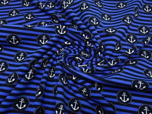 Stoff Baumwolle Jersey maritimen Anker Streifen Design marine royalblau weiß Kinderstoff Kleiderstoff