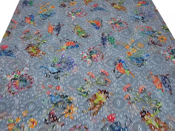 Stoff Spitze Spitzenstoff mit multicoloren Vögel Design grau bunt Kleiderstoff