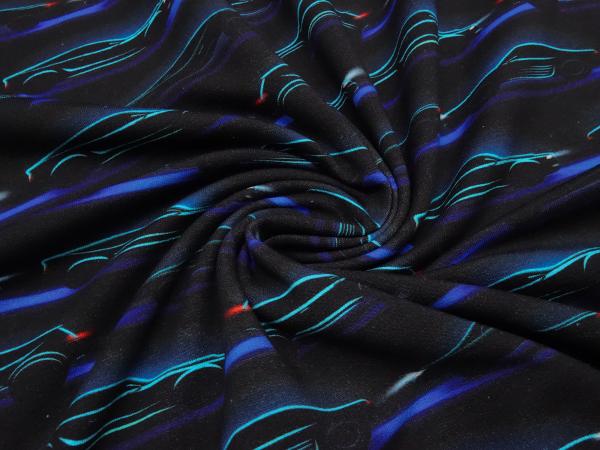 Stoff Baumwolle French Terry Sweatshirtstoff Autos Sportwagen Dreamcars Design schwarz blau türkis bunt Kinderstoff Kleiderstoff