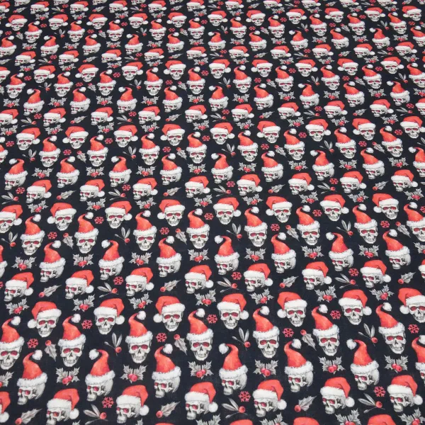 Stoff Baumwolle Popeline mit Xmas Weihnachts Totenköpfe Skulls mit Weihnachtsmützen Design schwarz rot weiß Kleiderstoff Blusenstoff Dekostoff