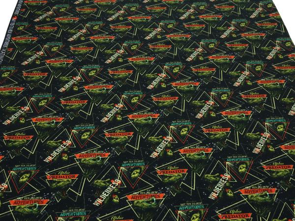 Stoff Baumwolle French Terry Sweatshirtstoff mit Dino Dinosaurier Design schwarz grün rot bunt Kinderstoff Kleiderstoff
