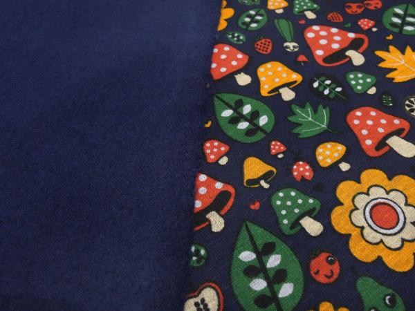 Fabric sweatshirt fabric with alpine fleece off side with mushrooms toadstool flowers design blue red green orange colorful children's fabric clothing fabric hoodie fabric