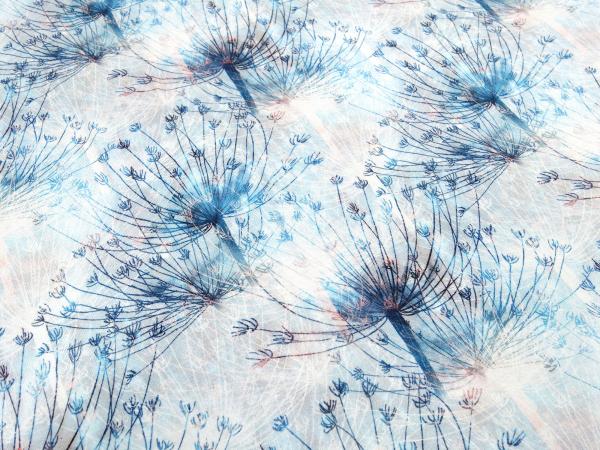 Fabric cotton jersey with dandelion flowers design white turquoise blue colorful dress fabric children's fabric