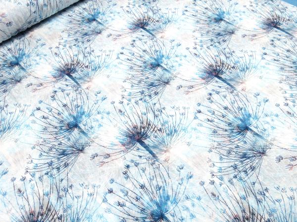 Fabric cotton jersey with dandelion flowers design white turquoise blue colorful dress fabric children's fabric