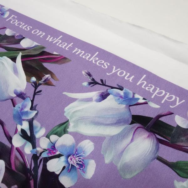 Stoff Baumwolle Jersey Blumen Blüten Ranken "Focus on what makes you happy" Design flieder weiß blau braun grün bunt Kleiderstoff Kinderstoff