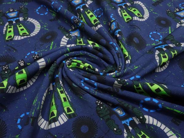 Fabric cotton jersey Robots robots design blue green gray colorful children's fabric dress fabric