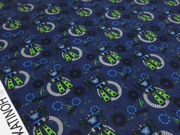 Fabric cotton jersey Robots robots design blue green gray colorful children's fabric dress fabric