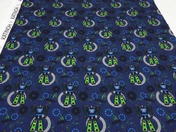 Fabric cotton jersey Robots robots design blue green gray colorful children's fabric dress fabric