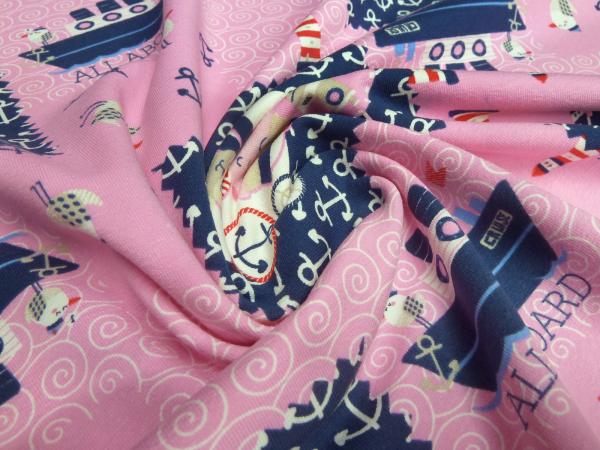 Fabric cotton jersey maritime anchor ships seagulls lighthouse pink blue white red children's fabric