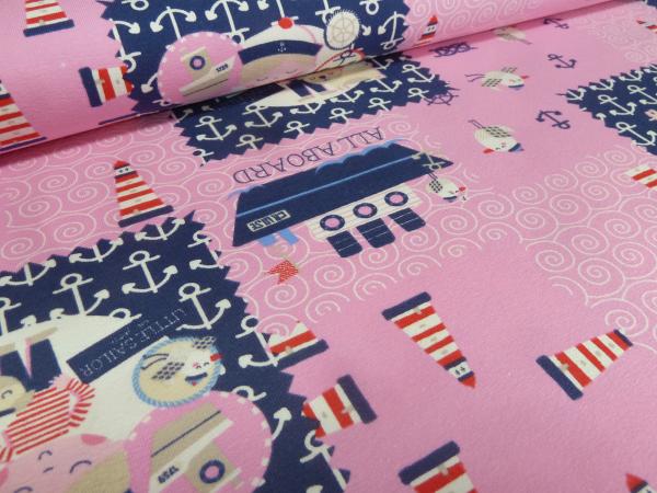 Fabric cotton jersey maritime anchor ships seagulls lighthouse pink blue white red children's fabric