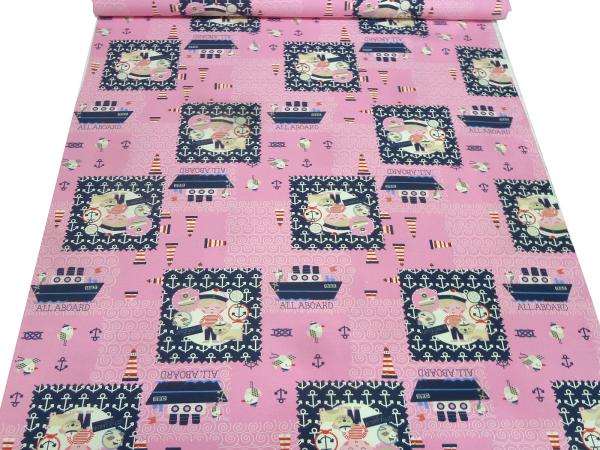 Fabric cotton jersey maritime anchor ships seagulls lighthouse pink blue white red children's fabric