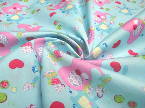 Stoff Baumwolle Popeline Patchwork Elefanten Hasen blau rosa bunt Kinderstoff Kleiderstoff