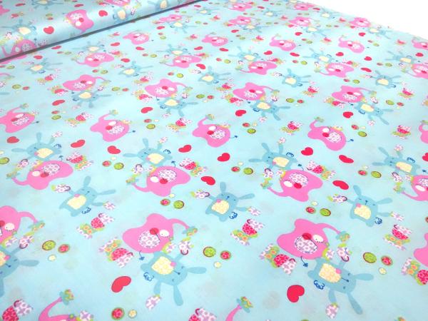 Stoff Baumwolle Popeline Patchwork Elefanten Hasen blau rosa bunt Kinderstoff Kleiderstoff
