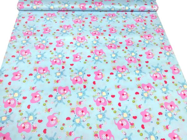 Stoff Baumwolle Popeline Patchwork Elefanten Hasen blau rosa bunt Kinderstoff Kleiderstoff