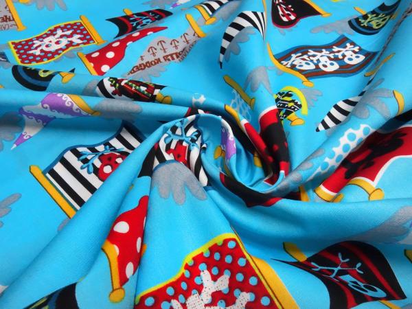 Stoff Baumwolle Popeline Piraten Flaggen Design türkis blau rot weiß schwarz bunt Kleiderstoff Kinderstoff Dekostoff