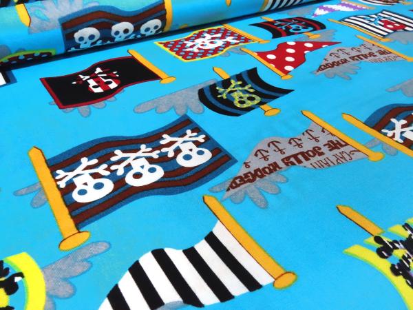 Stoff Baumwolle Popeline Piraten Flaggen Design türkis blau rot weiß schwarz bunt Kleiderstoff Kinderstoff Dekostoff