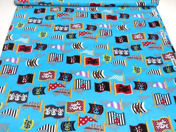 Stoff Baumwolle Popeline Piraten Flaggen Design türkis blau rot weiß schwarz bunt Kleiderstoff Kinderstoff Dekostoff