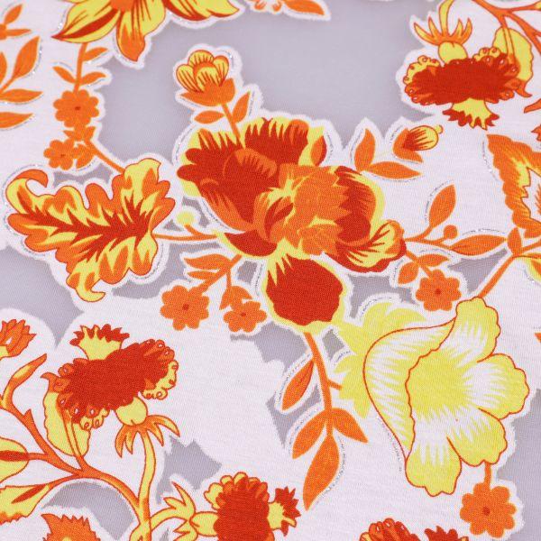 Fabric viscose jersey burnout with glitter effect and flower design white yellow orange red silver dress fabric