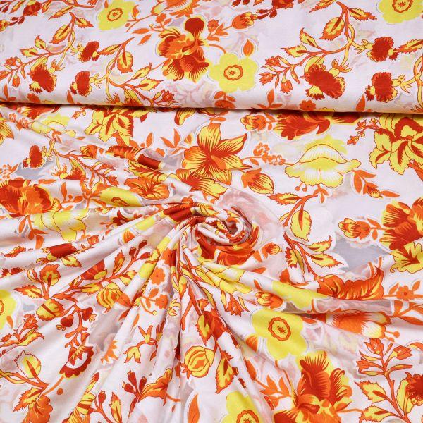 Fabric viscose jersey burnout with glitter effect and flower design white yellow orange red silver dress fabric