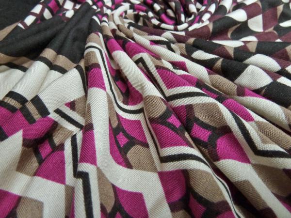 Fabric jersey retro patchwork design black beige brown fuchsia bordeaux dress fabric