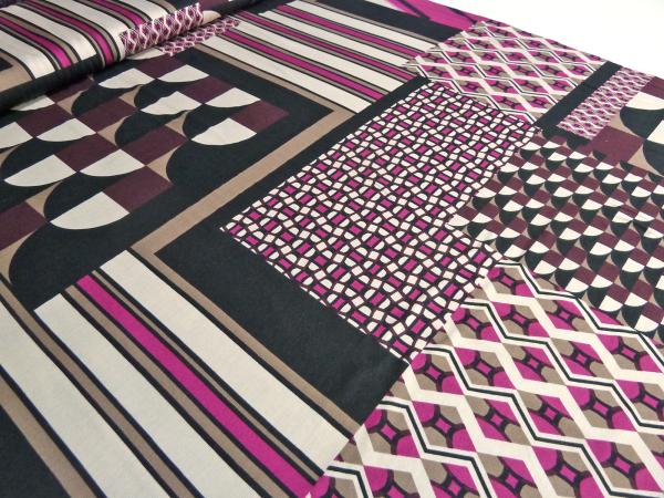 Fabric jersey retro patchwork design black beige brown fuchsia bordeaux dress fabric