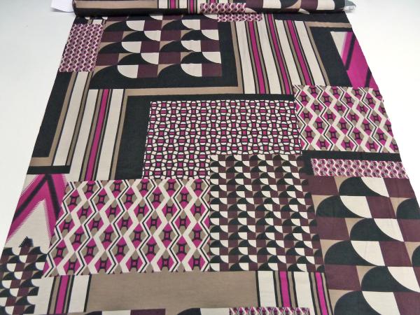 Fabric jersey retro patchwork design black beige brown fuchsia bordeaux dress fabric