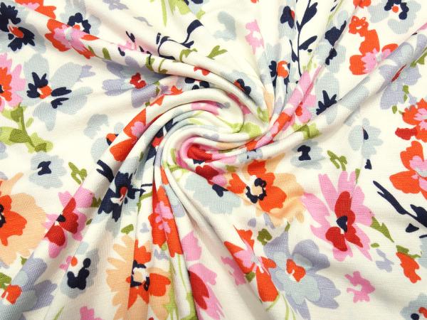 Stoff Viskose Jersey Blumenmuster Design vanille rot rosa grau orange bunt Kleiderstoff Kinderstoff