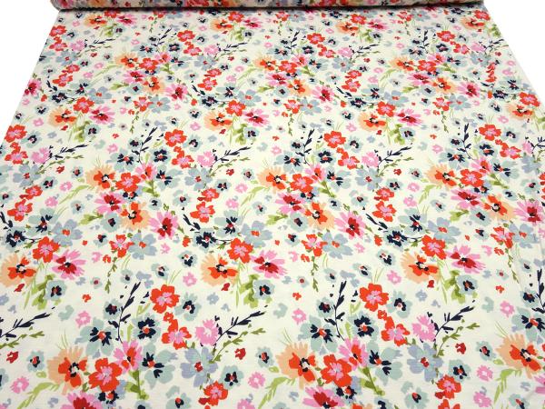 Stoff Viskose Jersey Blumenmuster Design vanille rot rosa grau orange bunt Kleiderstoff Kinderstoff