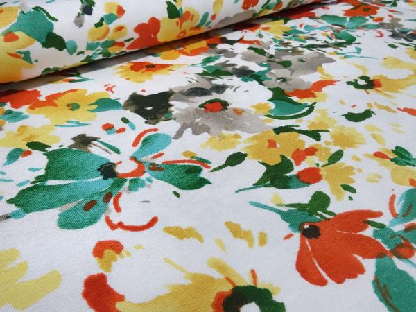 Fabric viscose jersey floral design white green yellow orange taupé floral dress fabric children's fabric