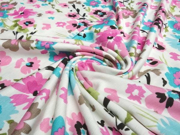 Fabric viscose jersey flowers design wool white turquoise pink green brown dress fabric kids fabric