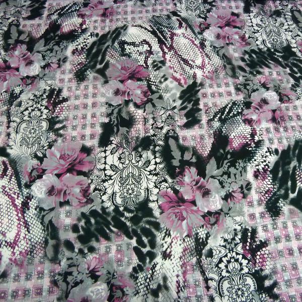 Stoff Viskose Jersey Blumen Abstrakt Druck schwarz weiß grau flieder Kleiderstoff