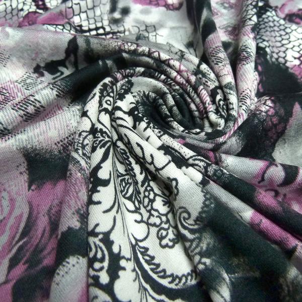 Stoff Viskose Jersey Blumen Abstrakt Druck schwarz weiß grau flieder Kleiderstoff
