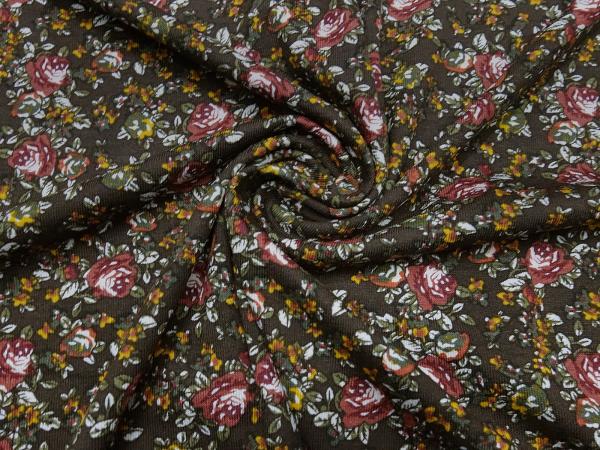 Fabric viscose jersey with flowers scattered design brown bordeaux olive ocher white dress fabric