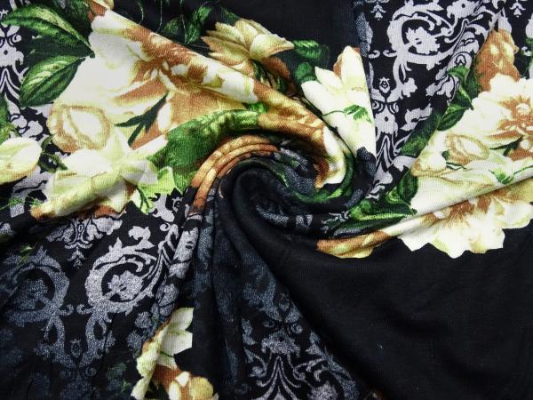 Stoff Viskose Jersey Blumen Ornamente Design schwarz grau grün braun ecrú Kleiderstoff