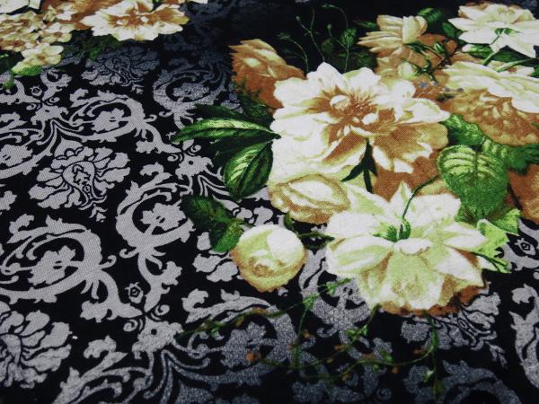 Stoff Viskose Jersey Blumen Ornamente Design schwarz grau grün braun ecrú Kleiderstoff