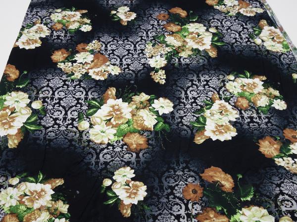 Stoff Viskose Jersey Blumen Ornamente Design schwarz grau grün braun ecrú Kleiderstoff