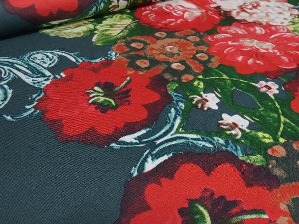 Stoff Viskose Jersey mit Blumen Borden Design dunkelgrün petrol rot bunt Kleiderstoff
